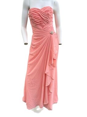 Strapless Coral Pink Ruched Evening Dress with Side Draped Ruffle